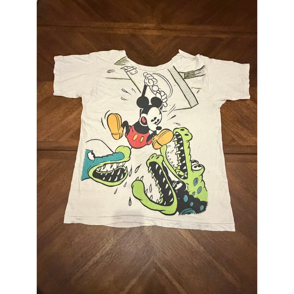 Vintage Mickey Mouse Crocodile Graphic T-Shirt Distressed White XL DIY Cut
